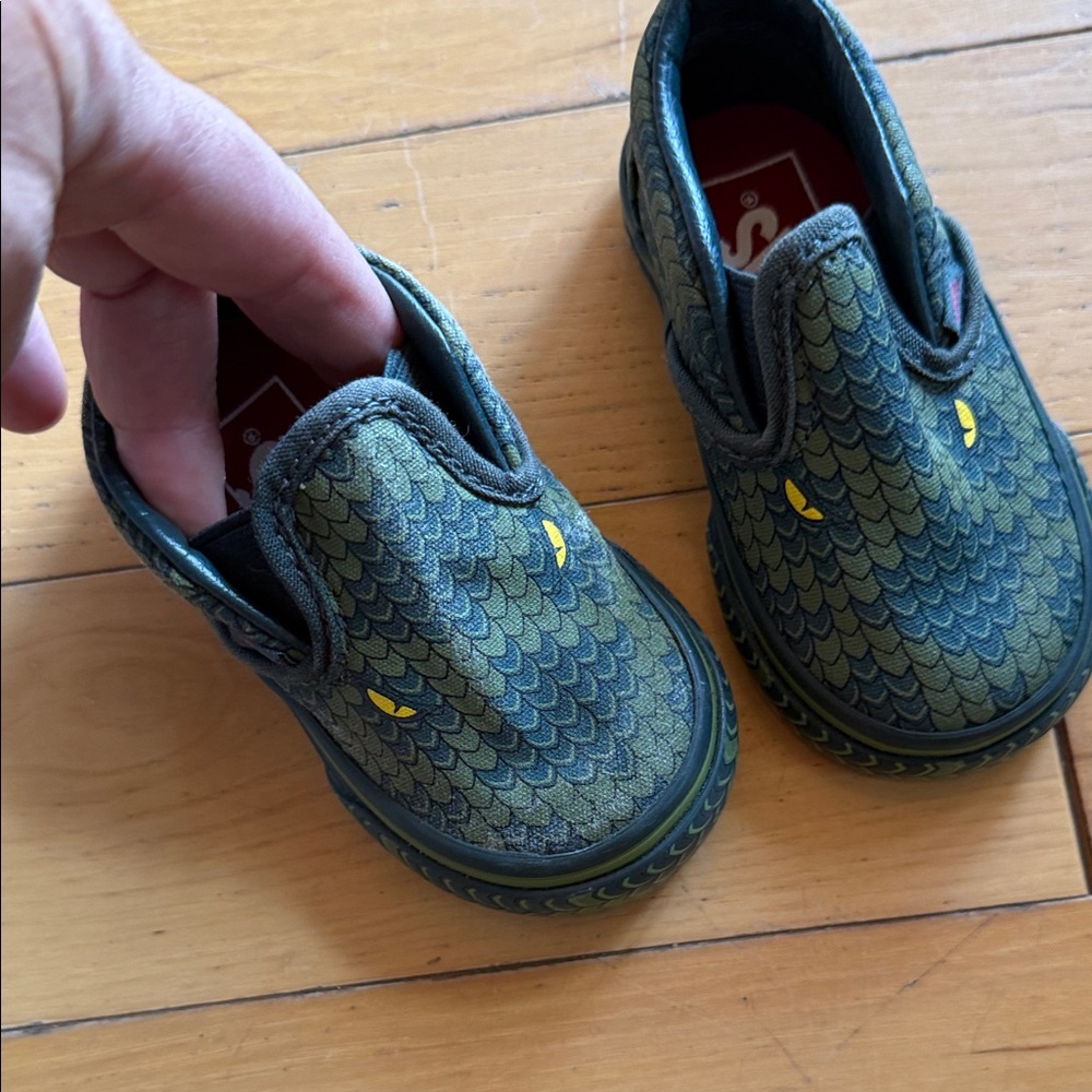 Vans Kids Green Dino or lizard  Slip-On Sneakers